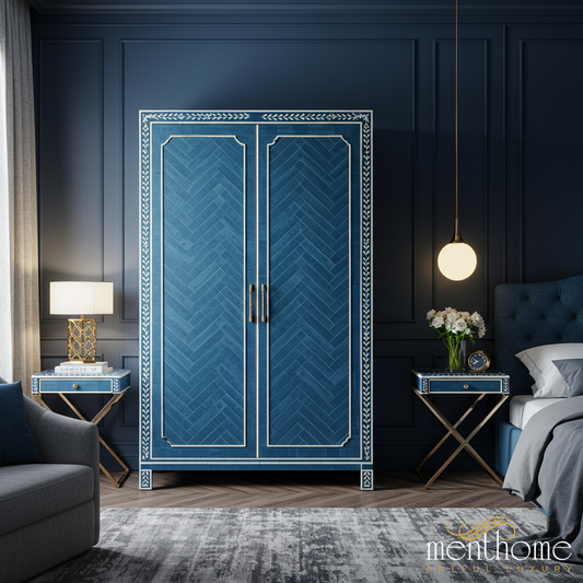 Elegant Blue Double-Door Wardrobe with Inlay Detail | Luxury Handmade Wardrobe