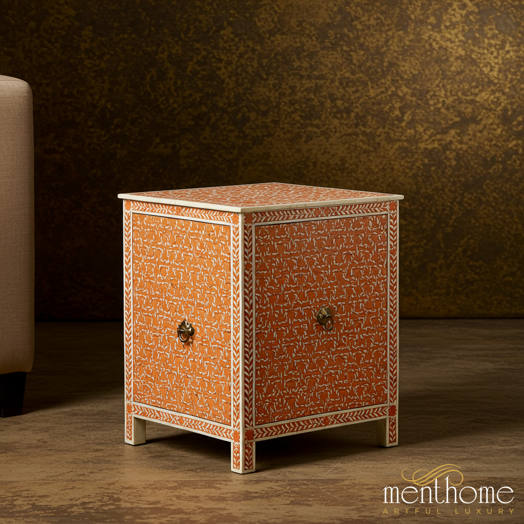 Vintage Orange Patterned Wood Cabinet | Luxury Handmade Side Table