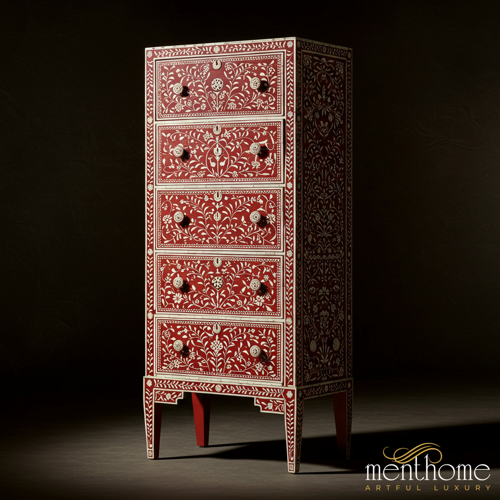 Handcrafted Red Bone Inlay Floral Pattern Tall Chest of Drawers | Luxury Handmade Tallboy