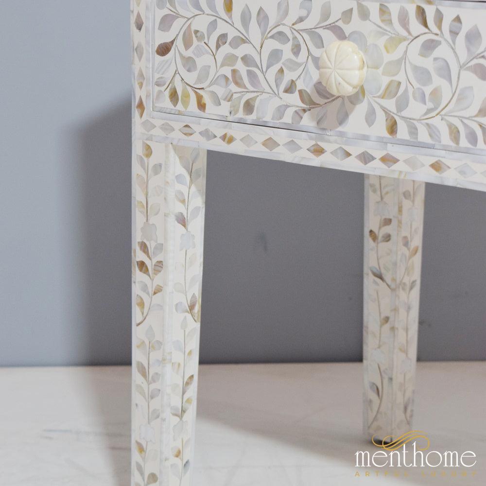 White Mother of Pearl inlay bedside table | Luxury Handmade Bedside Table