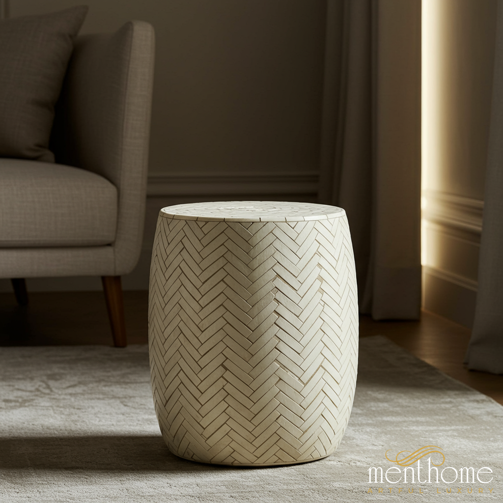 Modern Ceramic Accent Table with Herringbone Pattern | Luxury Handmade Stool