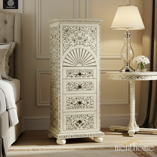 Handcrafted Bone Inlay Tall Chest of Drawers | Luxury Handmade Tallboy