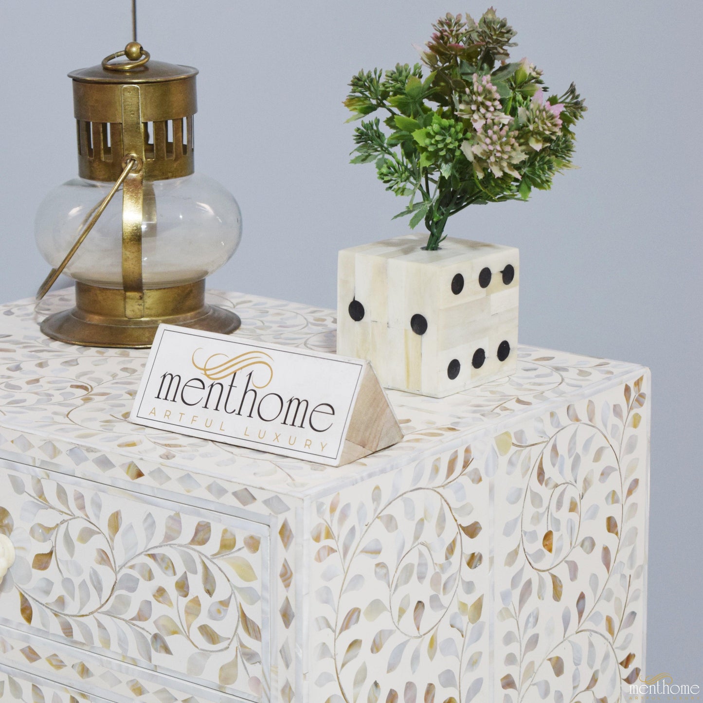 White Mother of Pearl inlay bedside table | Luxury Handmade Bedside Table