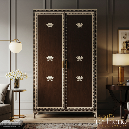 Elegant Lotus Inlay Two-Door Wooden Wardrobe | Luxury Handmade Wardrobe