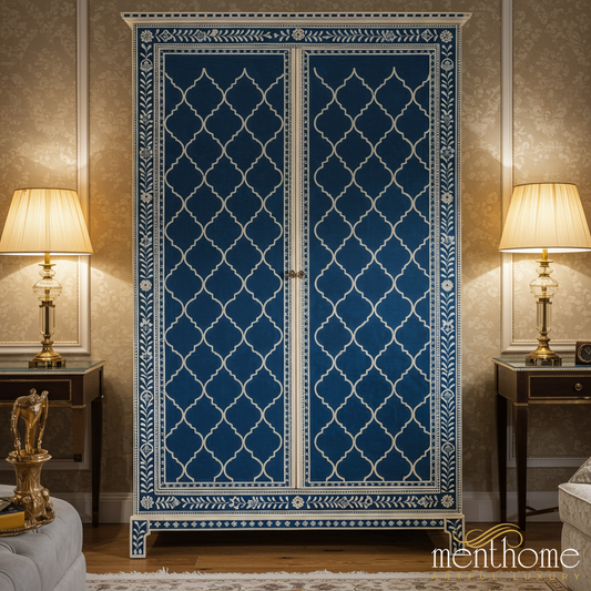 Elegant Blue and White Decorative Wardrobe | Luxury Handmade Wardrobe