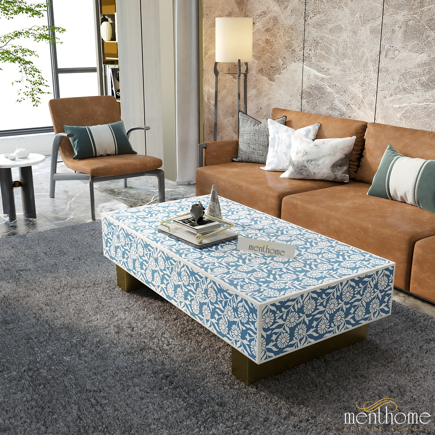 Bone Inlay Rectangular Sunflower Modern Coffee Table | Luxury Handmade Coffee Table
