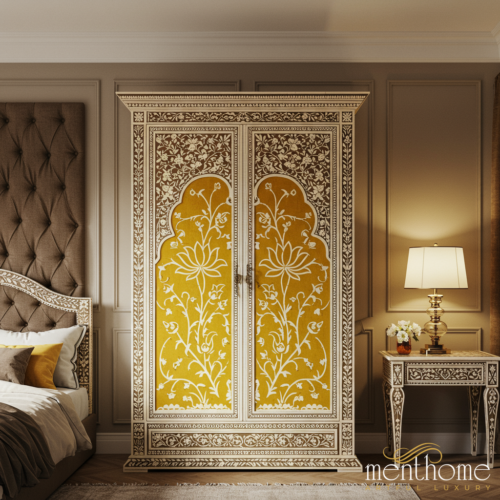 Handcrafted Floral Inlay Wooden Wardrobe | Luxury Handmade Wardrobe