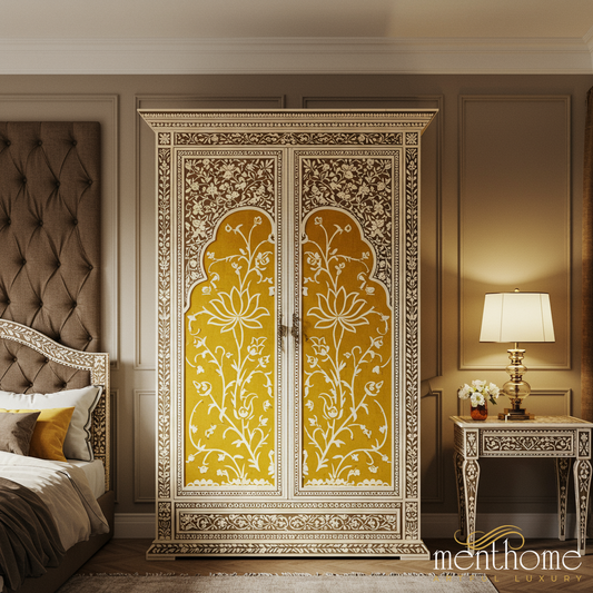 Handcrafted Floral Inlay Wooden Wardrobe | Luxury Handmade Wardrobe