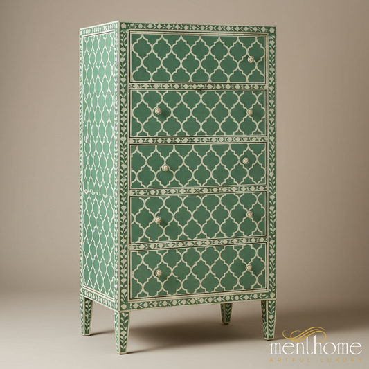 Handcrafted Green Bone Inlay Chest of Drawers | Luxury Handmade Tallboy