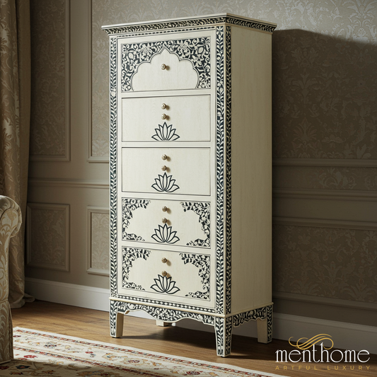 Handcrafted Bone Inlay Tall Chest of Drawers | Luxury Handmade Tallboy
