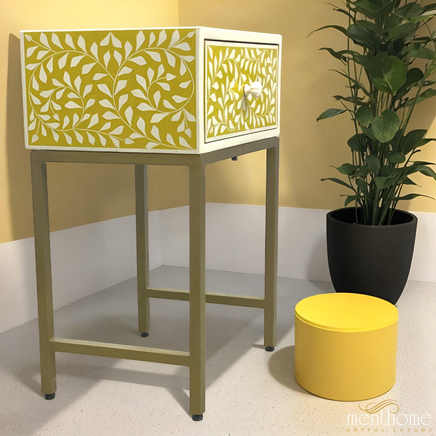Floral Bedside Table Yellow Resin with Brass Stand | Luxury Handmade Bedside Table