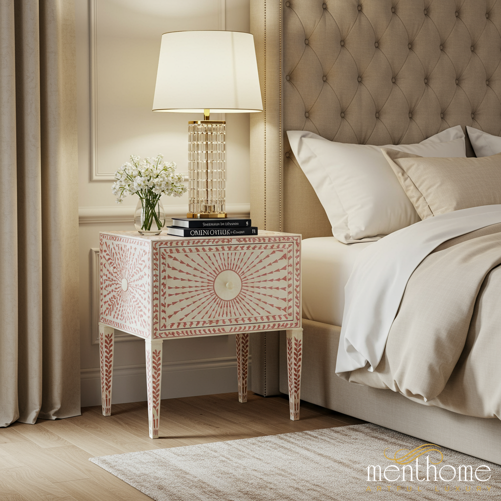 Vintage-Inspired Pink and White Patterned Wooden Nightstand | Luxury Handmade Bedside Table