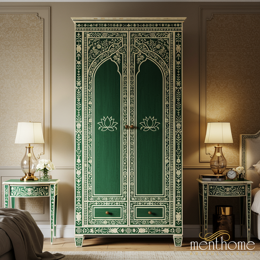 Handcrafted Green Wooden Wardrobe with Floral Inlay | Luxury Handmade Wardrobe