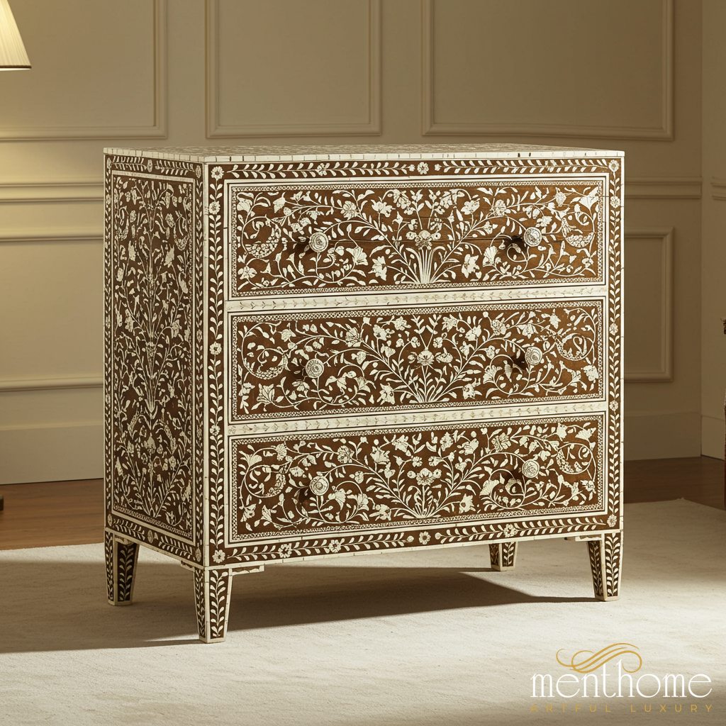 Handcrafted Bone Inlay Floral Design Chest of Drawers | Luxury Handmade Chest of Drawer
