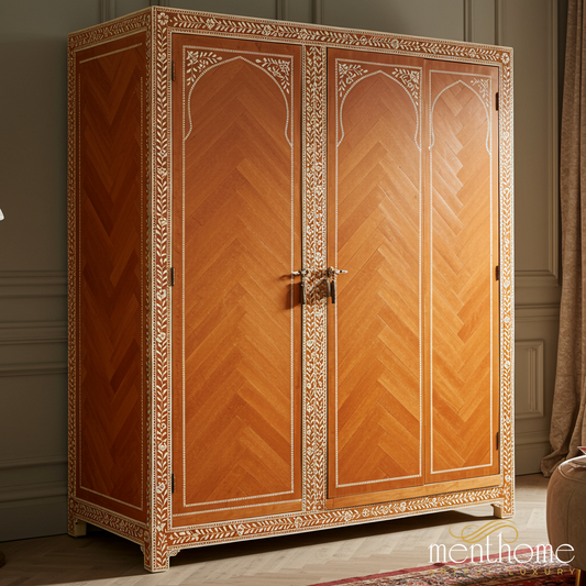 Handcrafted Wooden Wardrobe with Inlay Detailing | Luxury Handmade Wardrobe