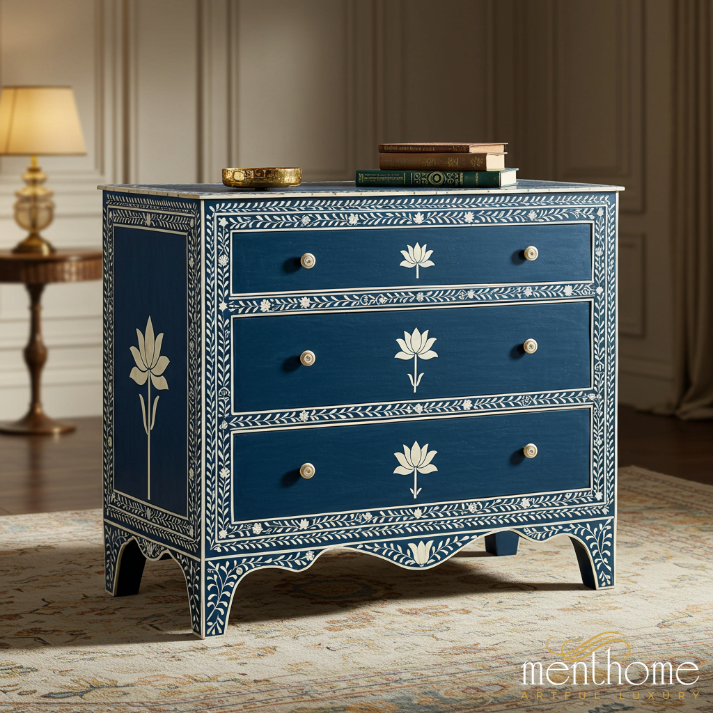 Hand-Painted Blue Floral Three-Drawer Chest | Luxury Handmade Chest of Drawer