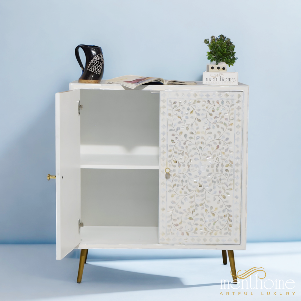 Mother of Pearl 2-door cabinet with brass leg | Luxury Handmade Cabinet
