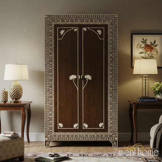 Handcrafted Wooden Wardrobe with Floral Inlay Design | Luxury Handmade Wardrobe
