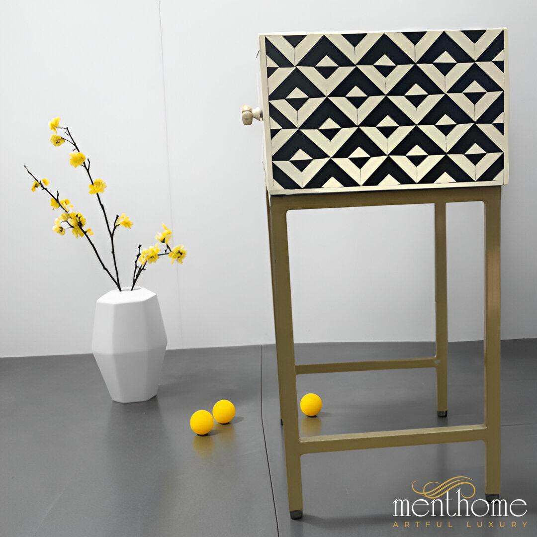 Monochrome Mirage β Artisanal Resin Zigzag One-Drawer Bedside Table with Brushed Brass Frame | Luxury Handmade Bedside Table