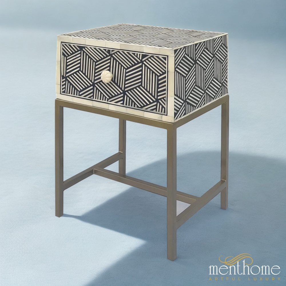 Cube Bedside Table with Iron Bas | Luxury Handmade Bedside Table