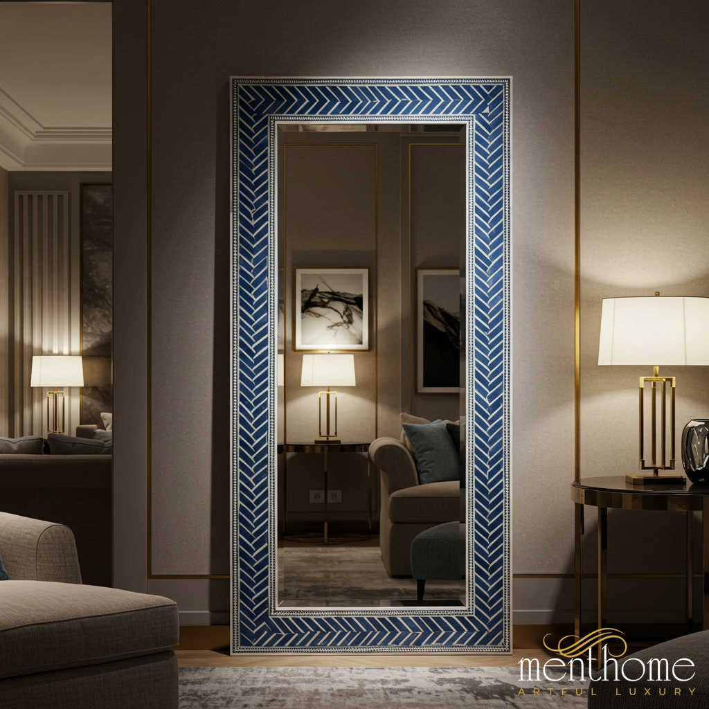 Large Decorative Blue Chevron Patterned Floor Mirror | Luxury Handmade Mirror