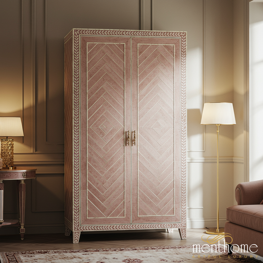 Elegant Pink Chevron Patterned Wooden Wardrobe | Luxury Handmade Wardrobe