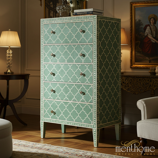 Handcrafted Green Bone Inlay Chest of Drawers | Luxury Handmade Tallboy