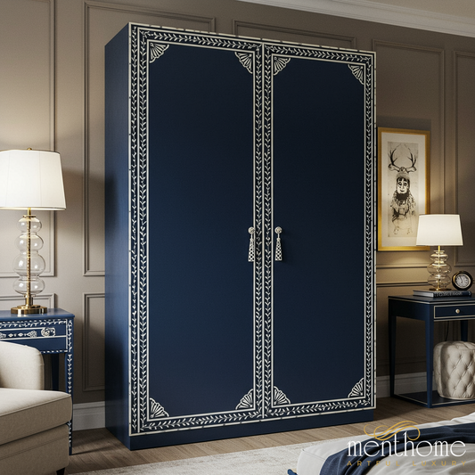 Elegant Navy Blue Decorative Wardrobe with Floral Inlay | Luxury Handmade Wardrobe