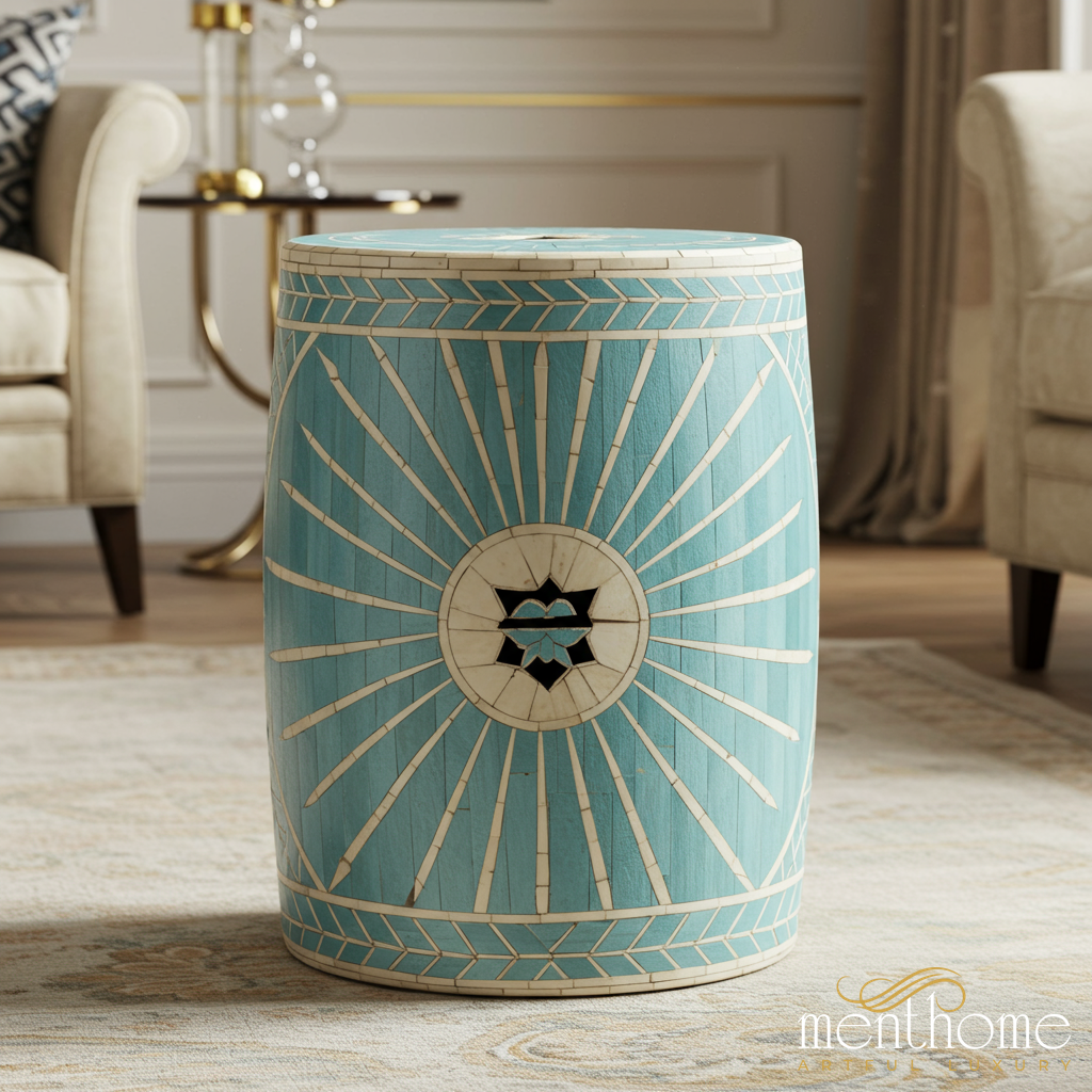 Decorative Blue Geometric inlay Garden Stool | Luxury Handmade Stool