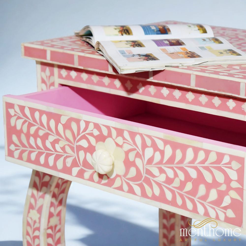 2-Drawers Pink Floral Boen Inlay Bedside Table | Luxury Handmade Bedside Table