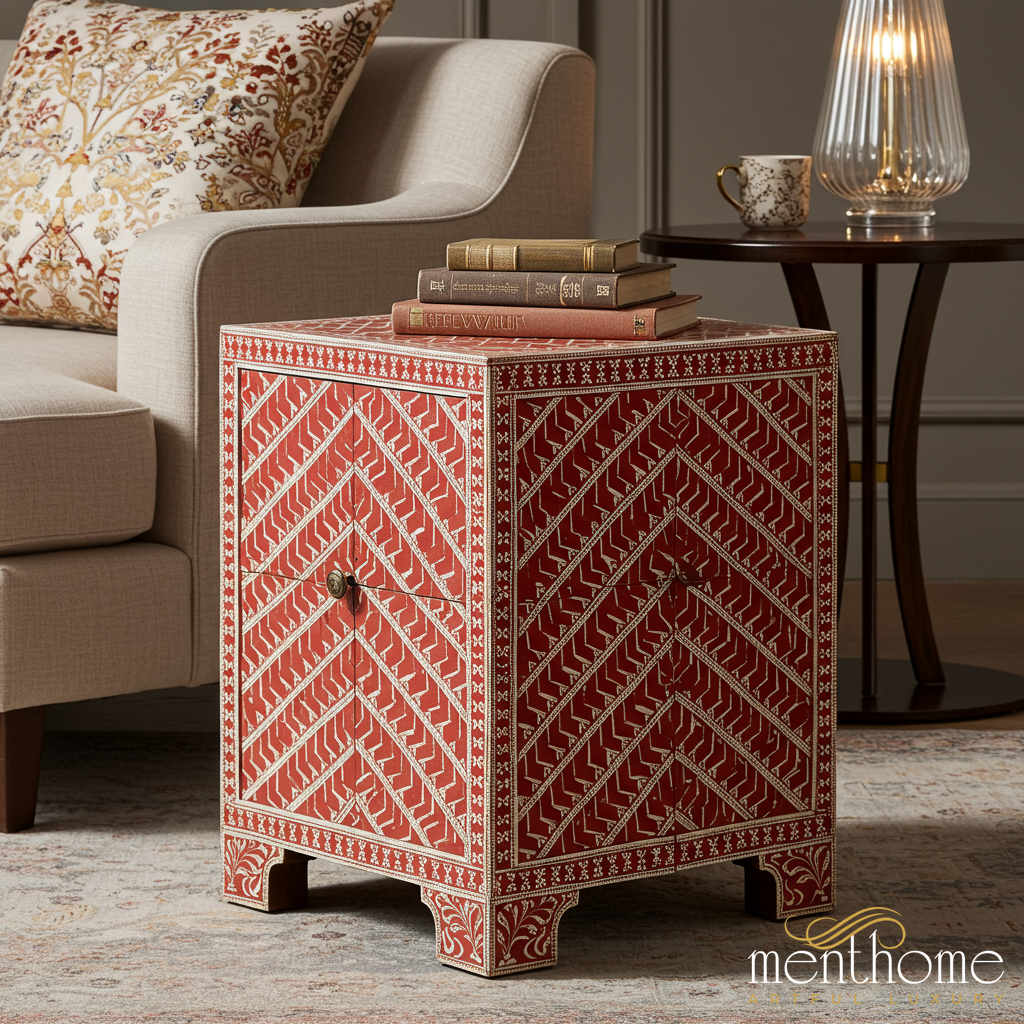 Red Geometric Patterned Cabinet | Luxury Handmade Side Table