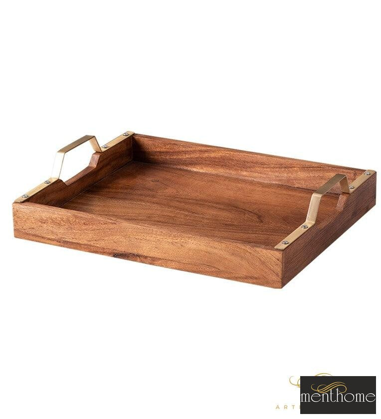 Plaid Brown Teak Wood Serving Tray | Luxury Handmade Trays