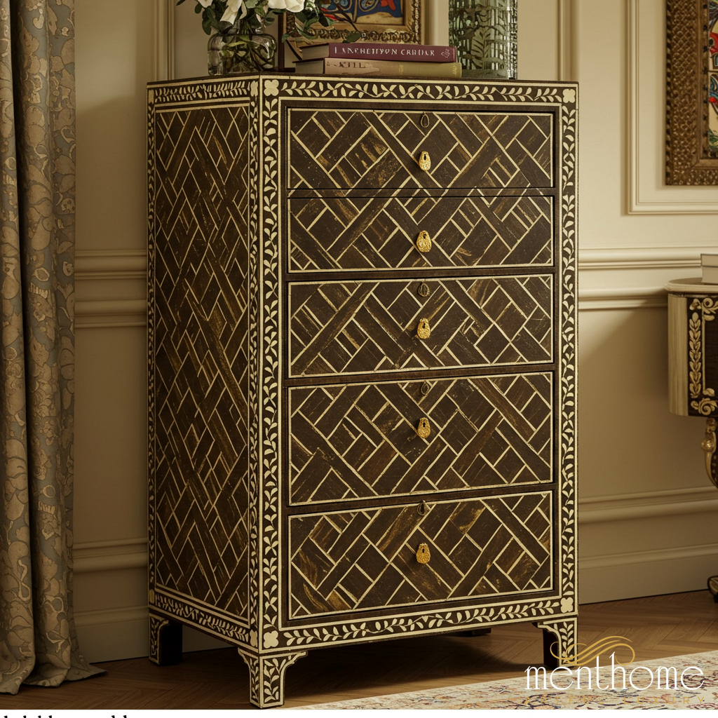 Handcrafted Bone Inlay Chest of Drawers | Luxury Handmade Tallboy