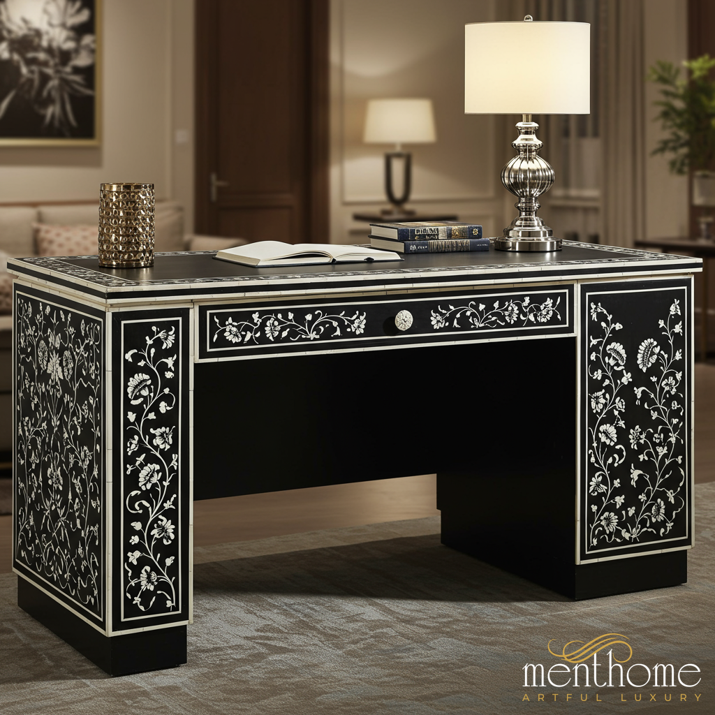 Handcrafted Wooden Desk with White Floral Inlay | Luxury Handmade Desk