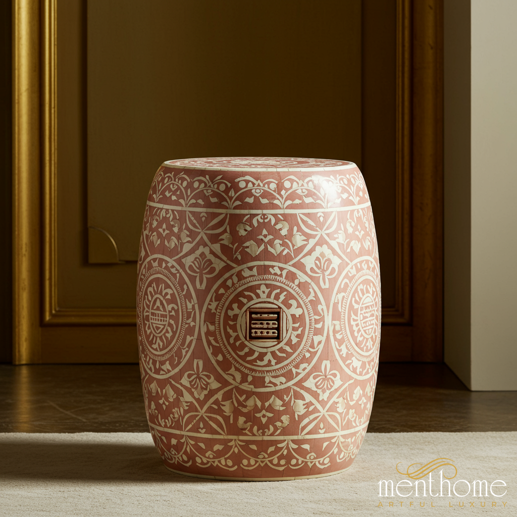 Decorative inlay Garden Stool with Intricate Pattern | Luxury Handmade Stool