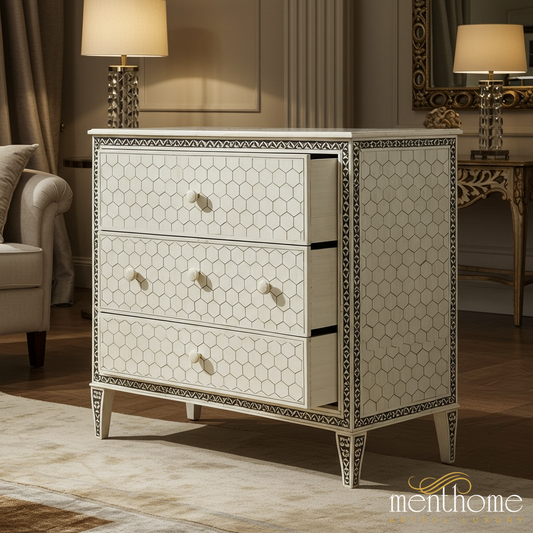 Vintage Style Cream Hexagonal Pattern Chest of Drawers | Luxury Handmade Chest of Drawer