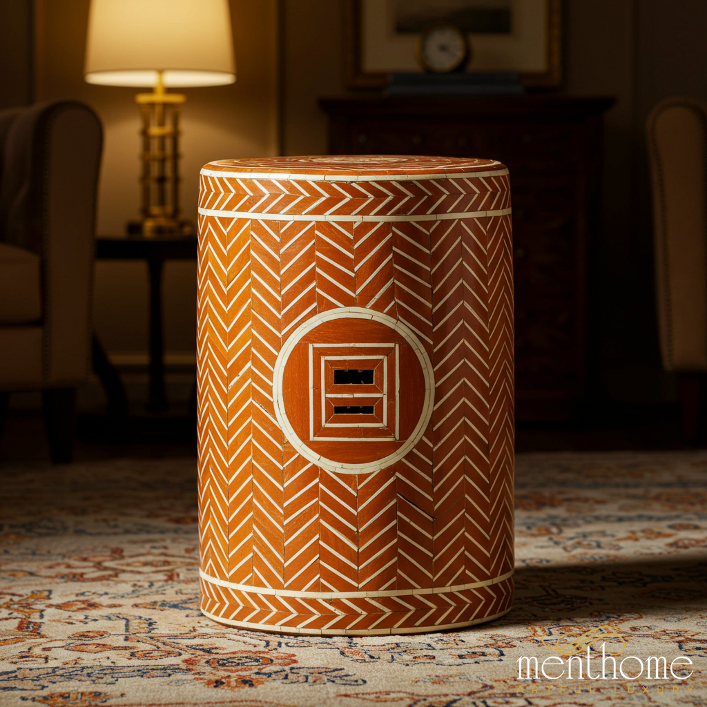Handcrafted Terracotta Garden Stool with Geometric Design | Luxury Handmade Stool