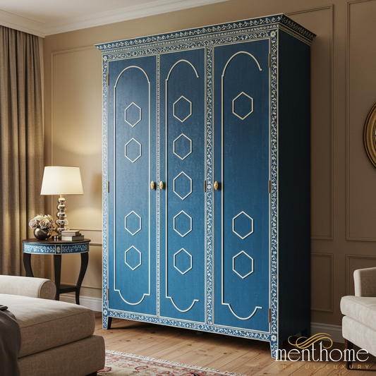 Elegant Blue Wooden Wardrobe with Decorative Inlay | Luxury Handmade Wardrobe