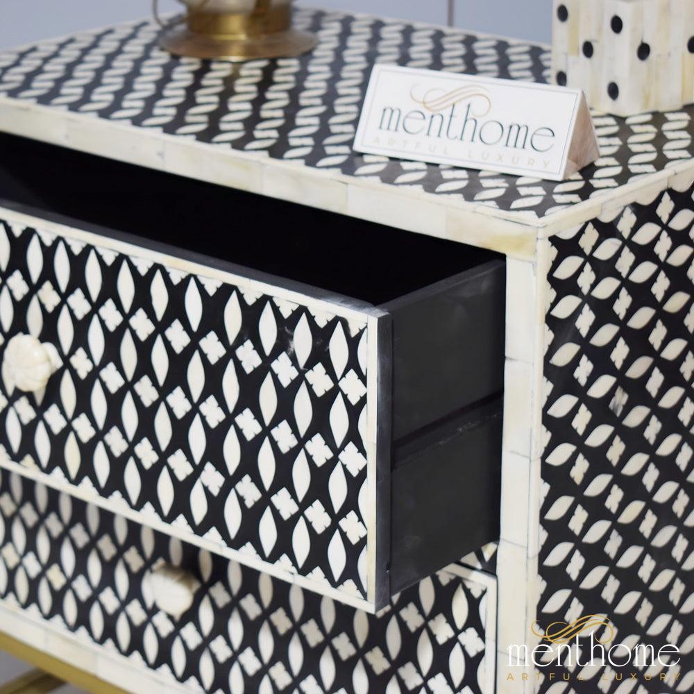 Eye Pattern 2 drawer Bedside Table Black Bone Inlay | Luxury Handmade Bedside Table