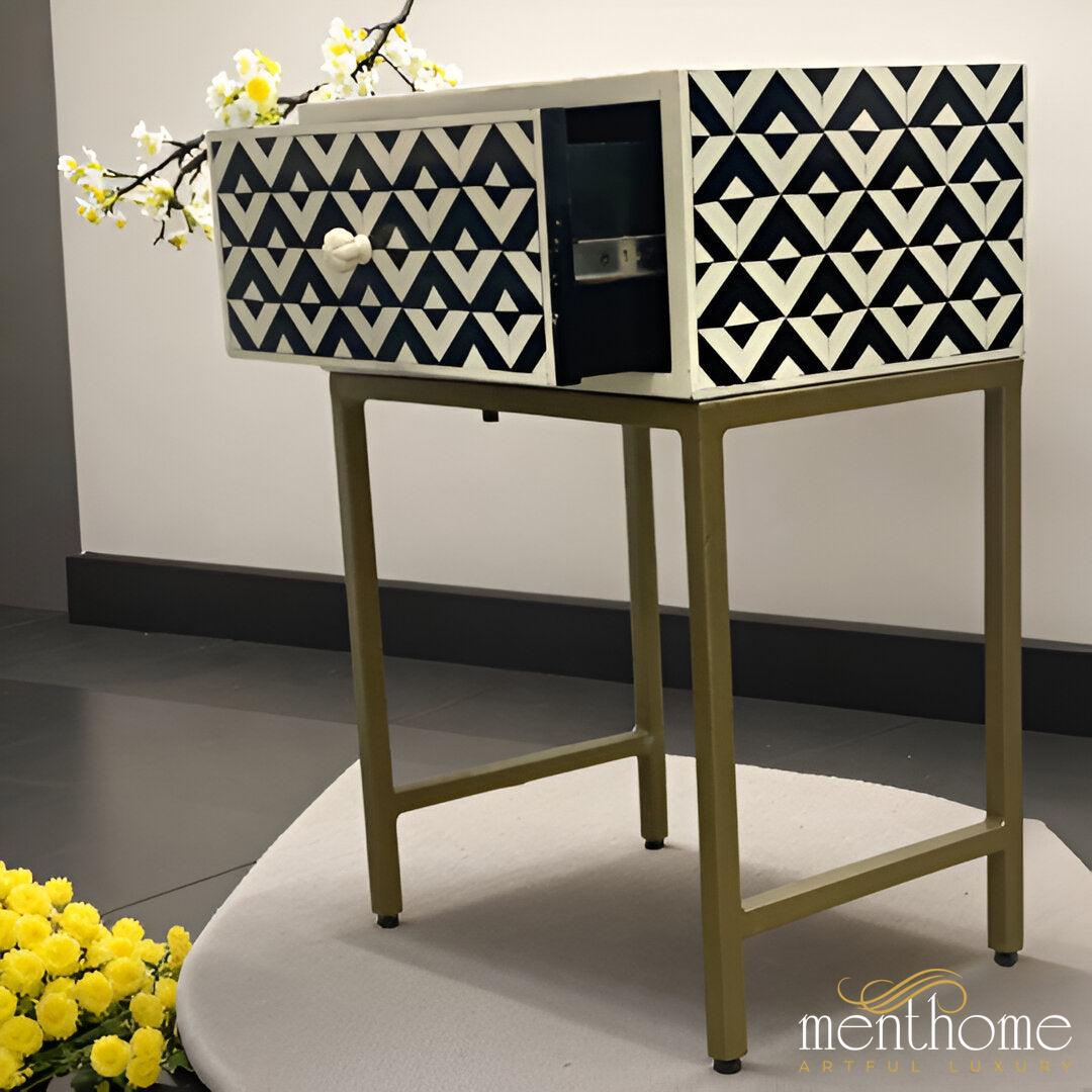 Monochrome Mirage β Artisanal Resin Zigzag One-Drawer Bedside Table with Brushed Brass Frame | Luxury Handmade Bedside Table
