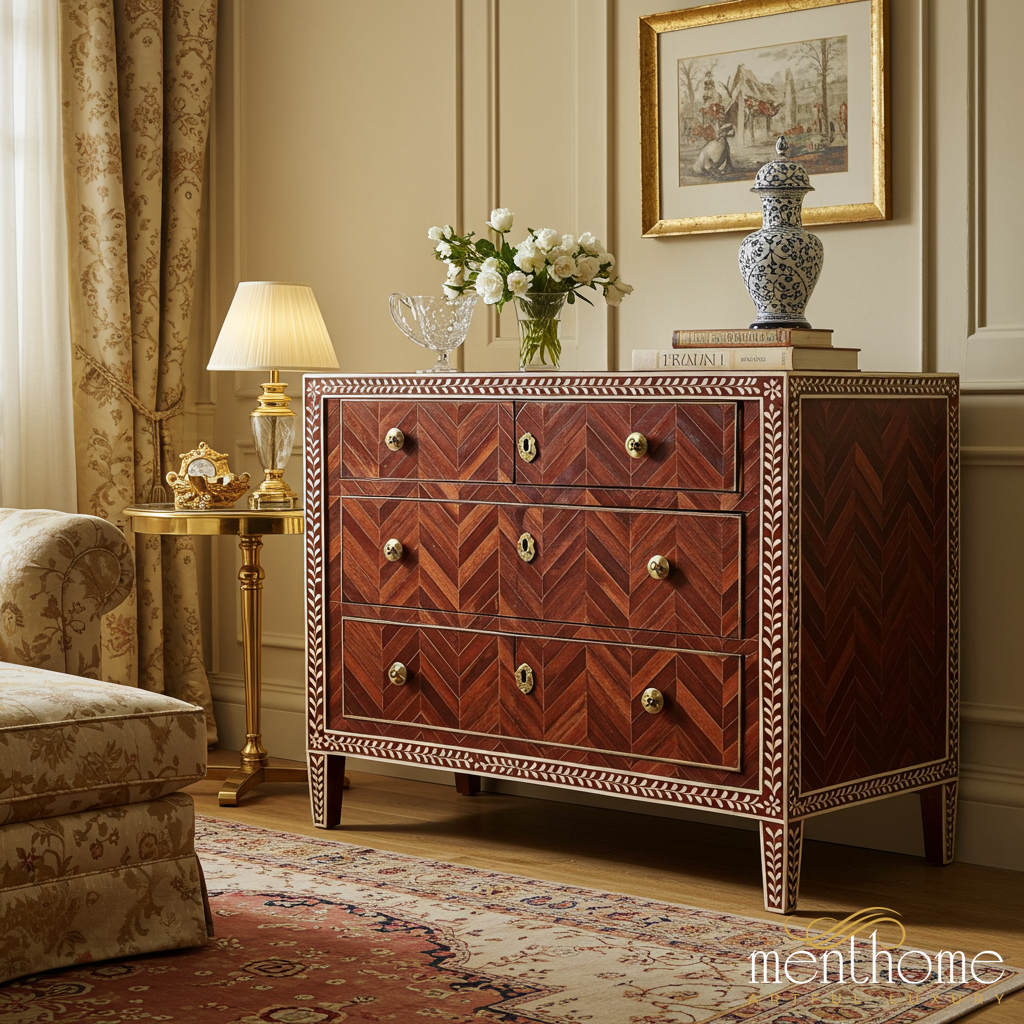 Vintage Wooden Chest of Drawers with Inlaid Design | Luxury Handmade Dresser