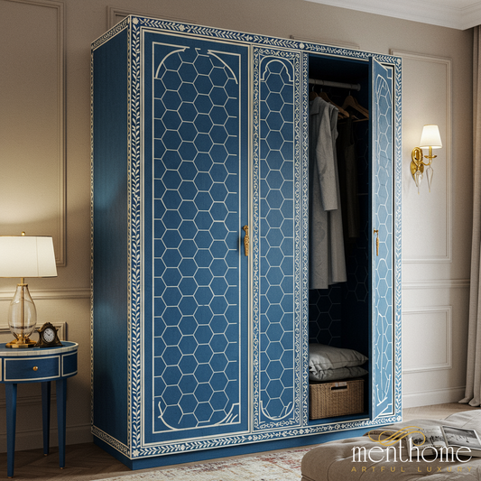 Elegant Blue Patterned Wardrobe with Three Doors | Luxury Handmade Wardrobe
