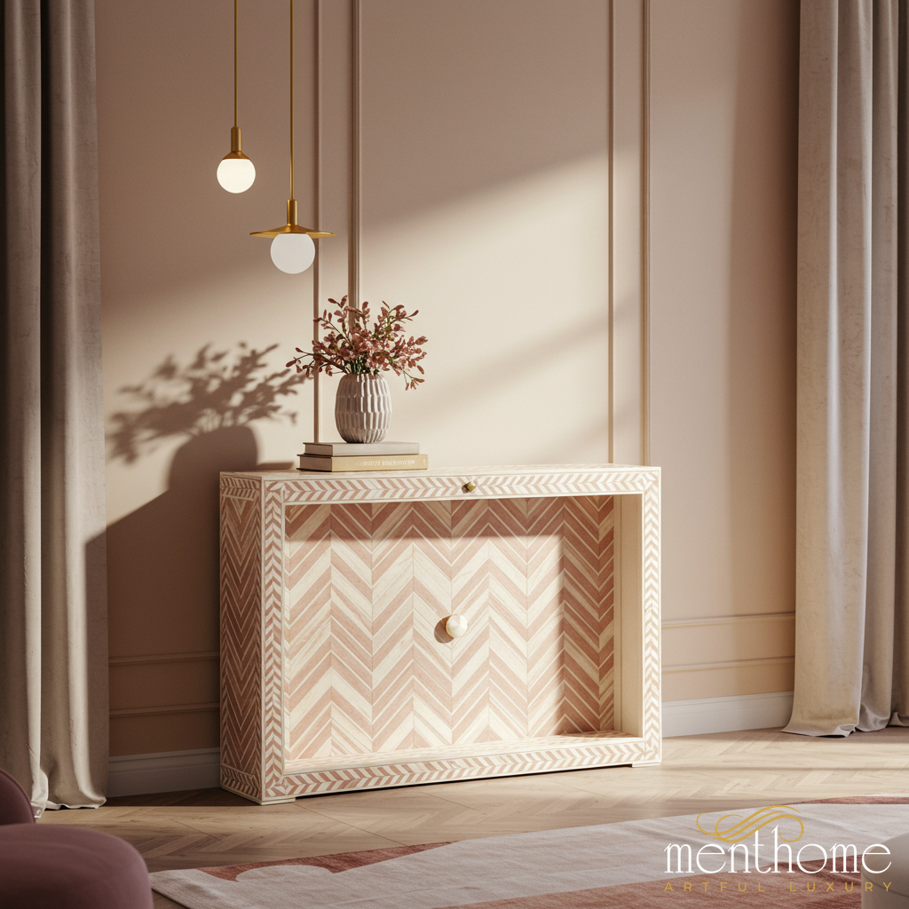 Chevron Pattern Wooden Console Cabinet | Luxury Handmade Console