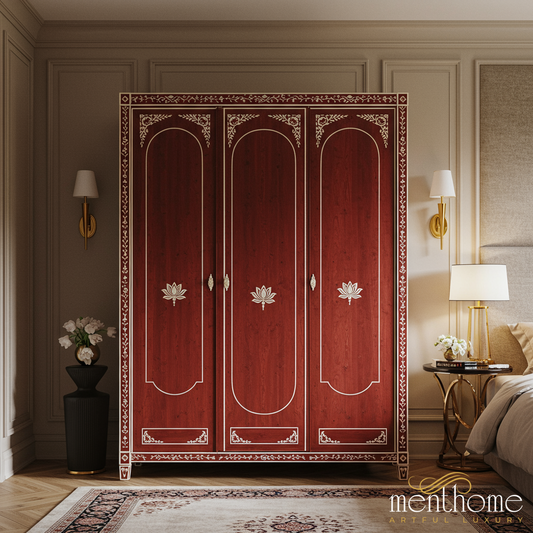 Elegant Red Wooden Wardrobe with Decorative Floral Accents | Luxury Handmade Wardrobe