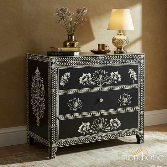 Black and White Floral Hand-Painted 3-Drawer Chest | Luxury Handmade Chest of Drawer