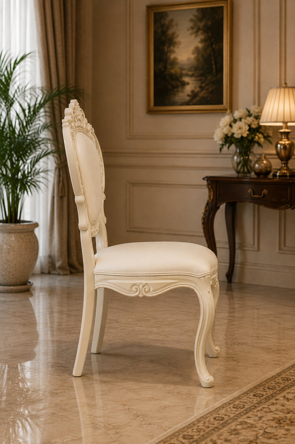 Luxury Hand-Carved Teak Wood Dining Chair with Upholstered Seat & Back | Classic Designer Accent Chair