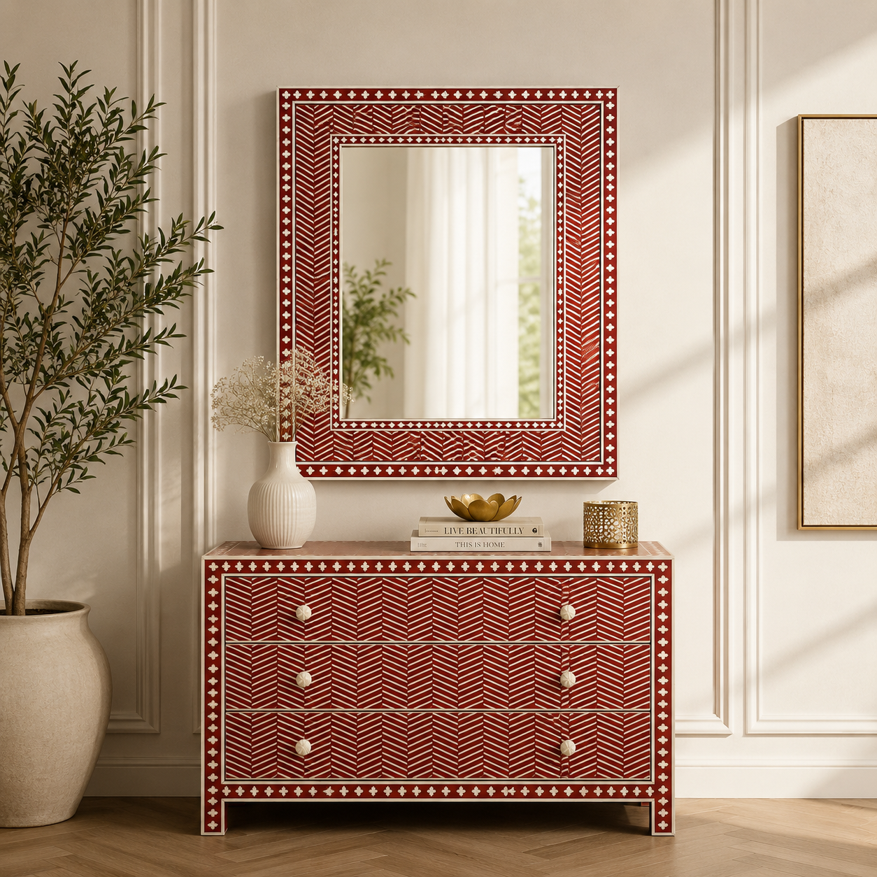 Ready to Ship Bone Inlay Cabinet / Chest of Drawers – Red & White Herringbone Design (42"W x 18"D x 30"H) | Handmade in India