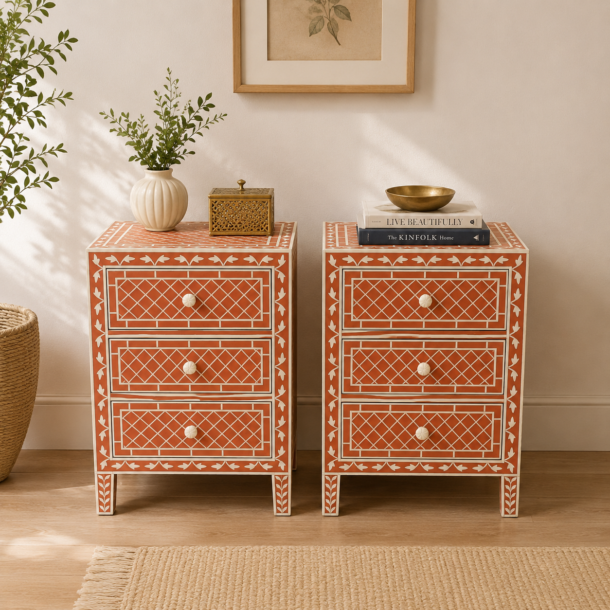 Ready to Ship in India | Orange Bone Inlay Bedside Table Set of 2 – Handmade 3 Drawer Nightstand | Luxury Bone Inlay Furniture | 20W x 16D x 28H Inches