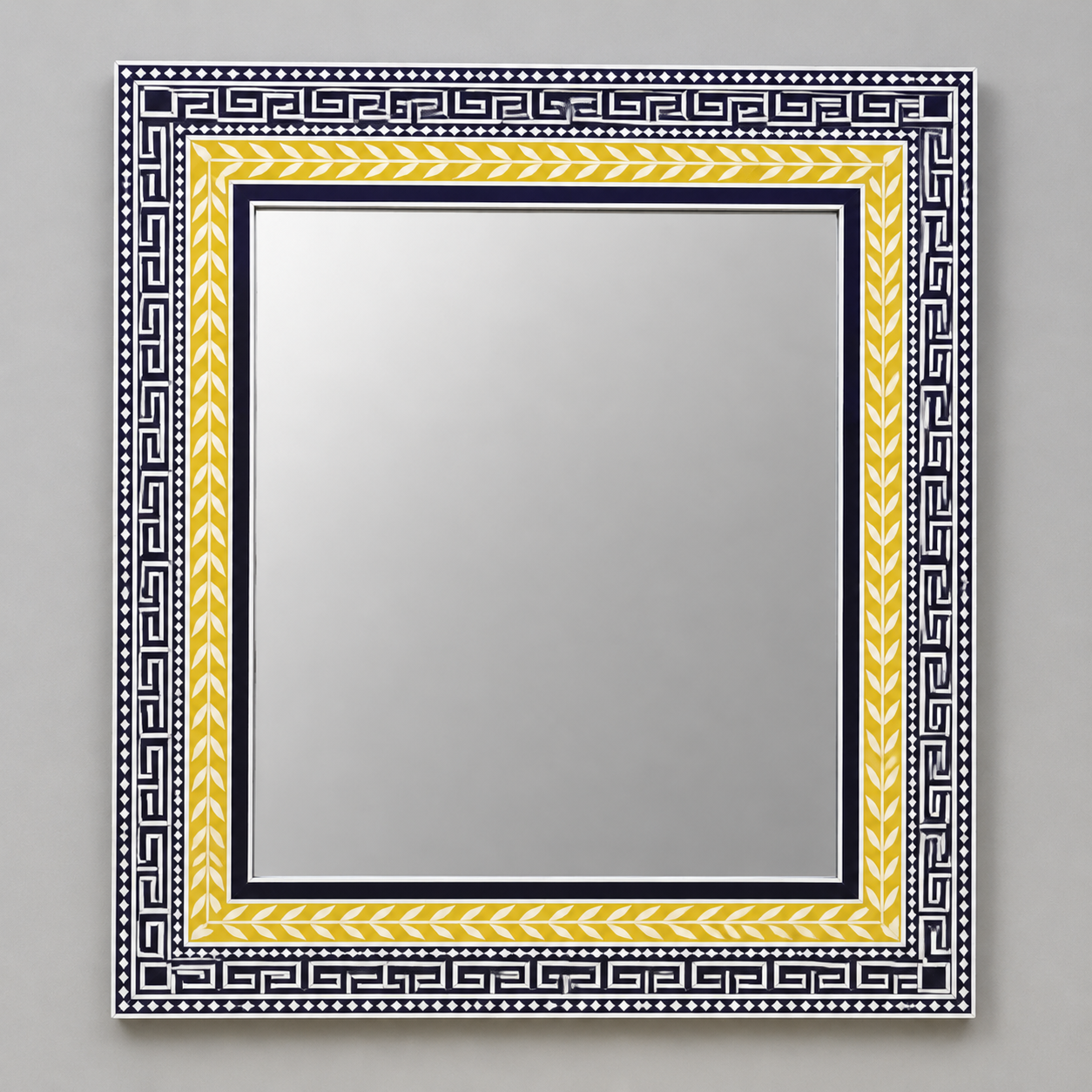 Ready to Ship in India | Handmade Black & White Bone Inlay Wall Mirror with Yellow Accent Border | Luxury Geometric Decorative Mirror | 30"W x 1"D x 36"H