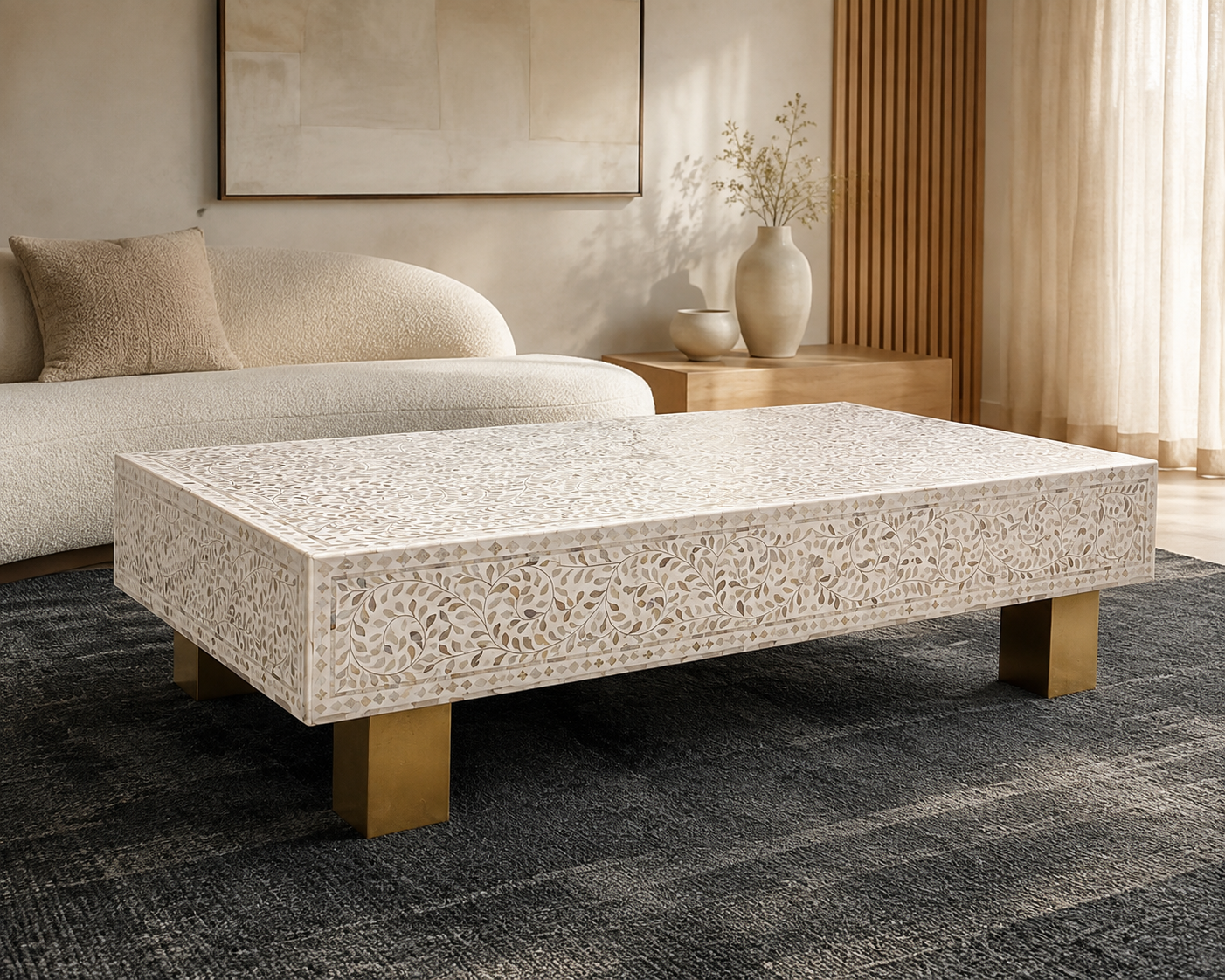 Luxury Handcrafted Mother-of-Pearl Inlay Rectangular Coffee Table with Floral Vine Design & Brass Legs – Custom Designer Centre Table